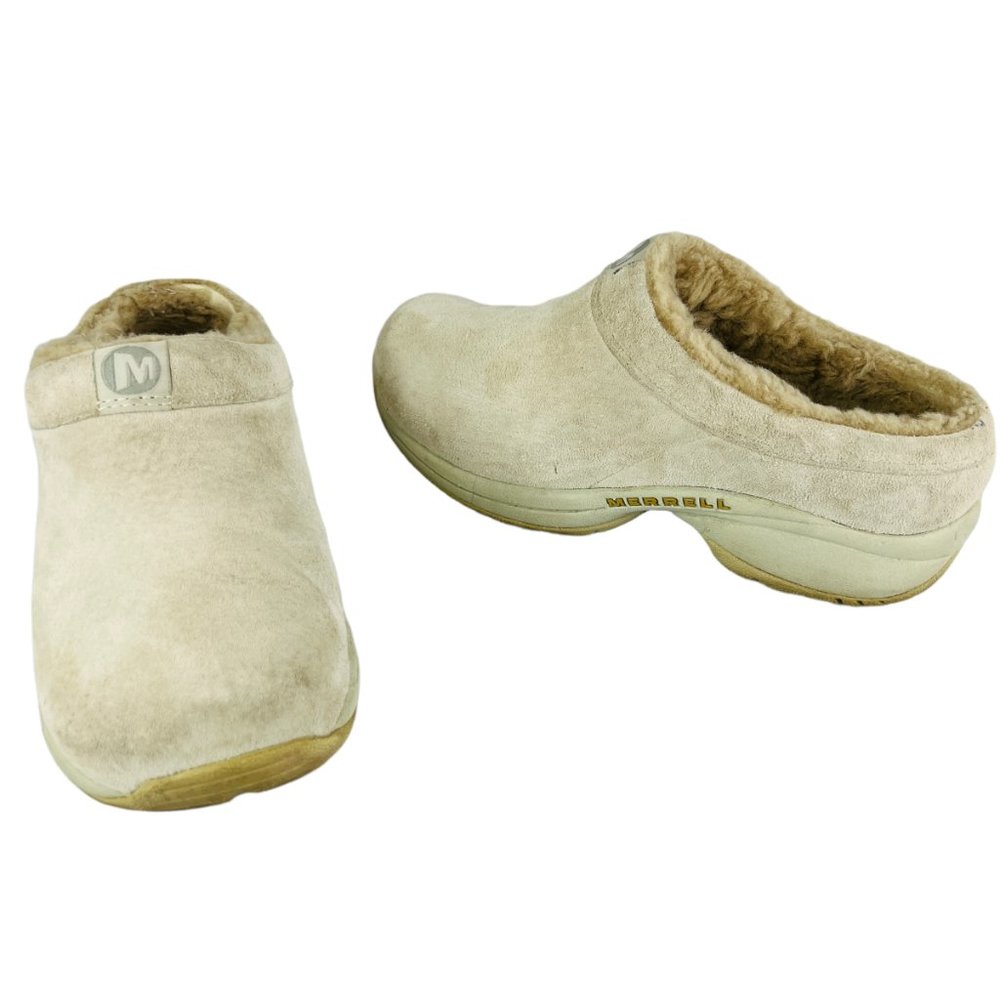 Merrell Bone Color Primo Chill Shearling Lined Leather Slides Mules Size 6